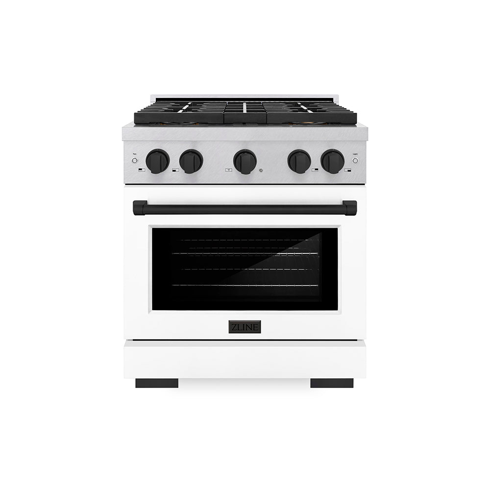 ZLINE Autograph Edition 30 in. 4.2 cu. ft. Paramount Dual Fuel Range with 4 Burner DuoPro™ Cooktop and Electric Convection Oven in Satin Stainless Steel with White Matte Door and Matte Black Accents (PSDRSZ-WM-30-MB)