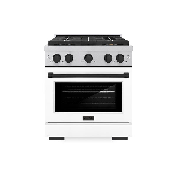 ZLINE Autograph Edition 30 in. 4.2 cu. ft. Paramount Dual Fuel Range with 4 Burner DuoPro™ Cooktop and Electric Convection Oven in Satin Stainless Steel with White Matte Door and Matte Black Accents (PSDRSZ-WM-30-MB)
