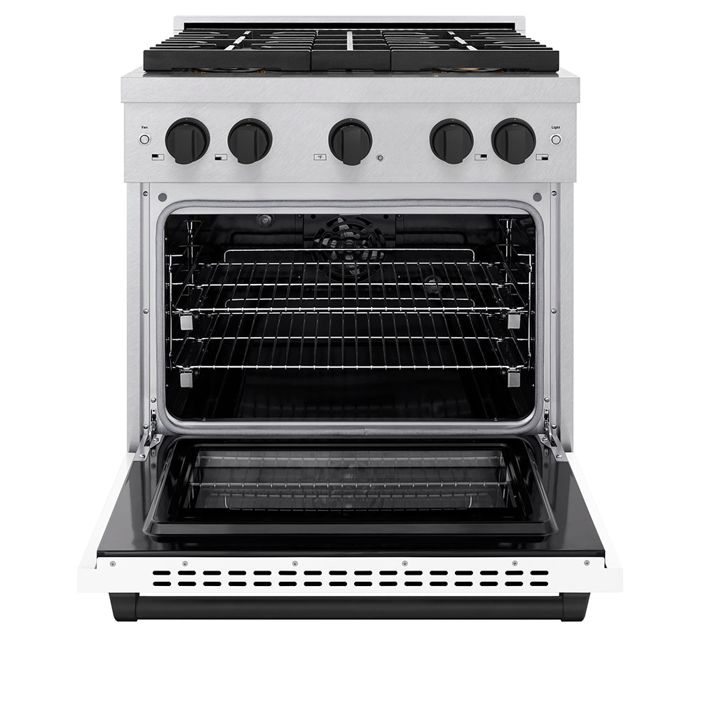 ZLINE Autograph Edition 30 in. 4.2 cu. ft. Paramount Dual Fuel Range with 4 Burner DuoPro™ Cooktop and Electric Convection Oven in Satin Stainless Steel with White Matte Door and Matte Black Accents (PSDRSZ-WM-30-MB)