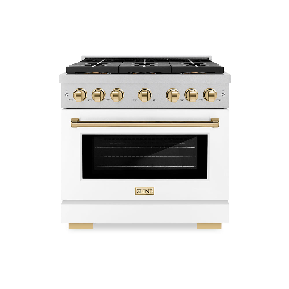 ZLINE Autograph Edition 36 in. 5.2 cu. ft. Paramount Dual Fuel Range with 6 Burner DuoPro™ Cooktop and Electric Convection Oven in Satin Stainless Steel with White Matte Door and Polished Gold Accents (PSDRSZ-WM-36-G)