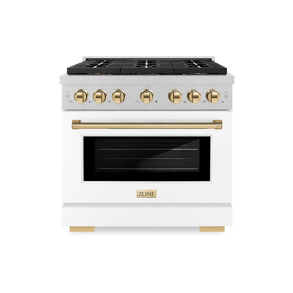 ZLINE Autograph Edition 36 in. 5.2 cu. ft. Paramount Dual Fuel Range with 6 Burner DuoPro™ Cooktop and Electric Convection Oven in Satin Stainless Steel with White Matte Door and Polished Gold Accents (PSDRSZ-WM-36-G)