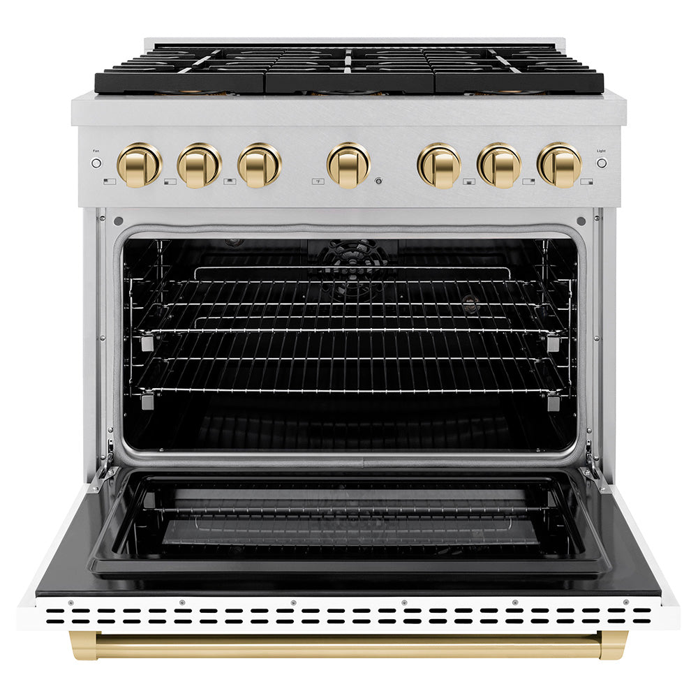 ZLINE Autograph Edition 36 in. 5.2 cu. ft. Paramount Dual Fuel Range with 6 Burner DuoPro™ Cooktop and Electric Convection Oven in Satin Stainless Steel with White Matte Door and Polished Gold Accents (PSDRSZ-WM-36-G)