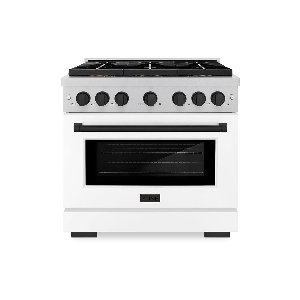 ZLINE Autograph Edition 36 in. 5.2 cu. ft. Paramount Dual Fuel Range with 6 Burner DuoPro™ Cooktop and Electric Convection Oven in Satin Stainless Steel with White Matte Door and Matte Black Accents (PSDRSZ-WM-36-MB)