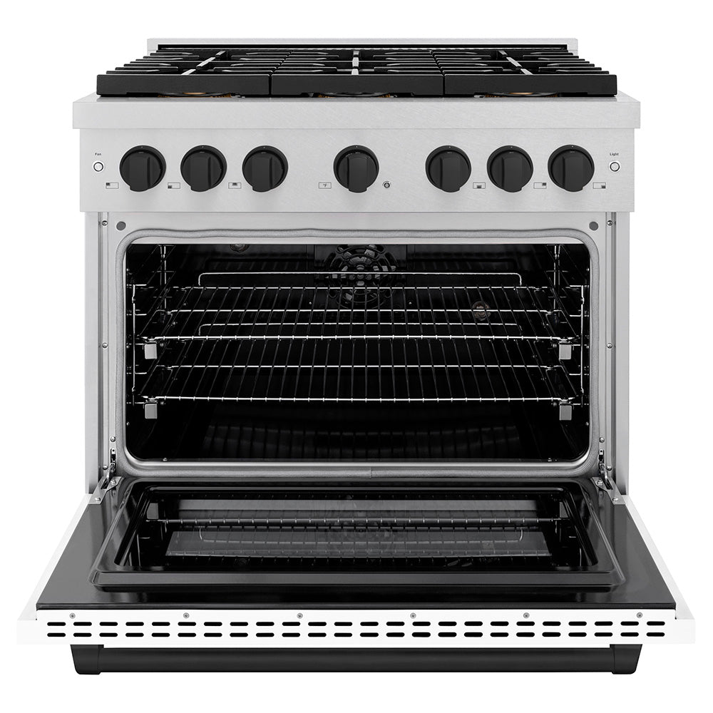 ZLINE Autograph Edition 36 in. 5.2 cu. ft. Paramount Dual Fuel Range with 6 Burner DuoPro™ Cooktop and Electric Convection Oven in Satin Stainless Steel with White Matte Door and Matte Black Accents (PSDRSZ-WM-36-MB)