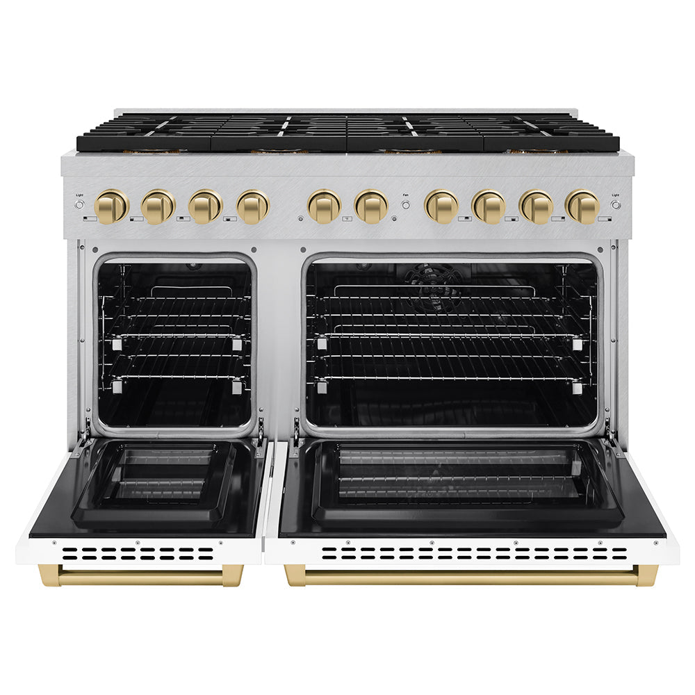 ZLINE Autograph Edition 48 in. 6.7 cu. ft. Paramount Dual Fuel Range with 8 Burner DuoPro™ Cooktop and Dual Ovens in Satin Stainless Steel with White Matte Doors and Champagne Bronze Accents (PSDRSZ-WM-48-CB)