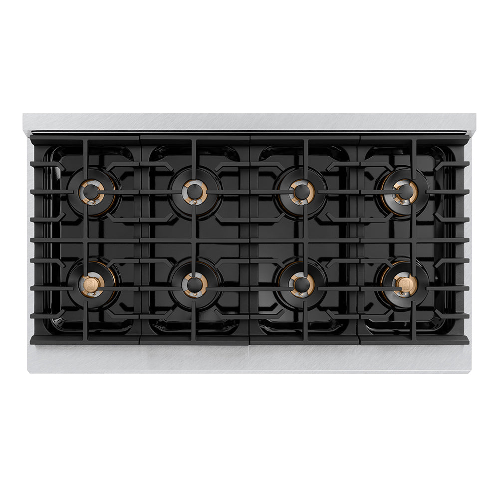 ZLINE Autograph Edition 48 in. 6.7 cu. ft. Paramount Dual Fuel Range with 8 Burner DuoPro™ Cooktop and Dual Ovens in Satin Stainless Steel with White Matte Doors and Champagne Bronze Accents (PSDRSZ-WM-48-CB)