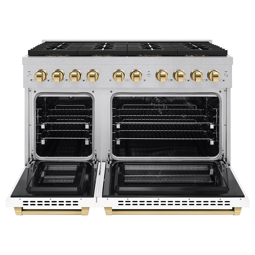 ZLINE Autograph Edition 48 in. 6.7 cu. ft. Paramount Dual Fuel Range with 8 Burner DuoPro™ Cooktop and Dual Ovens in Satin Stainless Steel with White Matte Doors and Polished Gold Accents (PSDRSZ-WM-48-G)