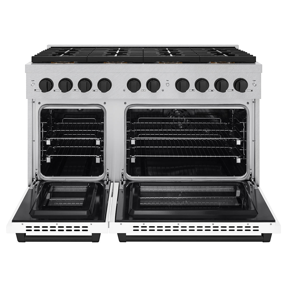 ZLINE Autograph Edition 48 in. 6.7 cu. ft. Paramount Dual Fuel Range with 8 Burner DuoPro™ Cooktop and Dual Ovens in Satin Stainless Steel with White Matte Doors and Matte Black Accents (PSDRSZ-WM-48-MB)