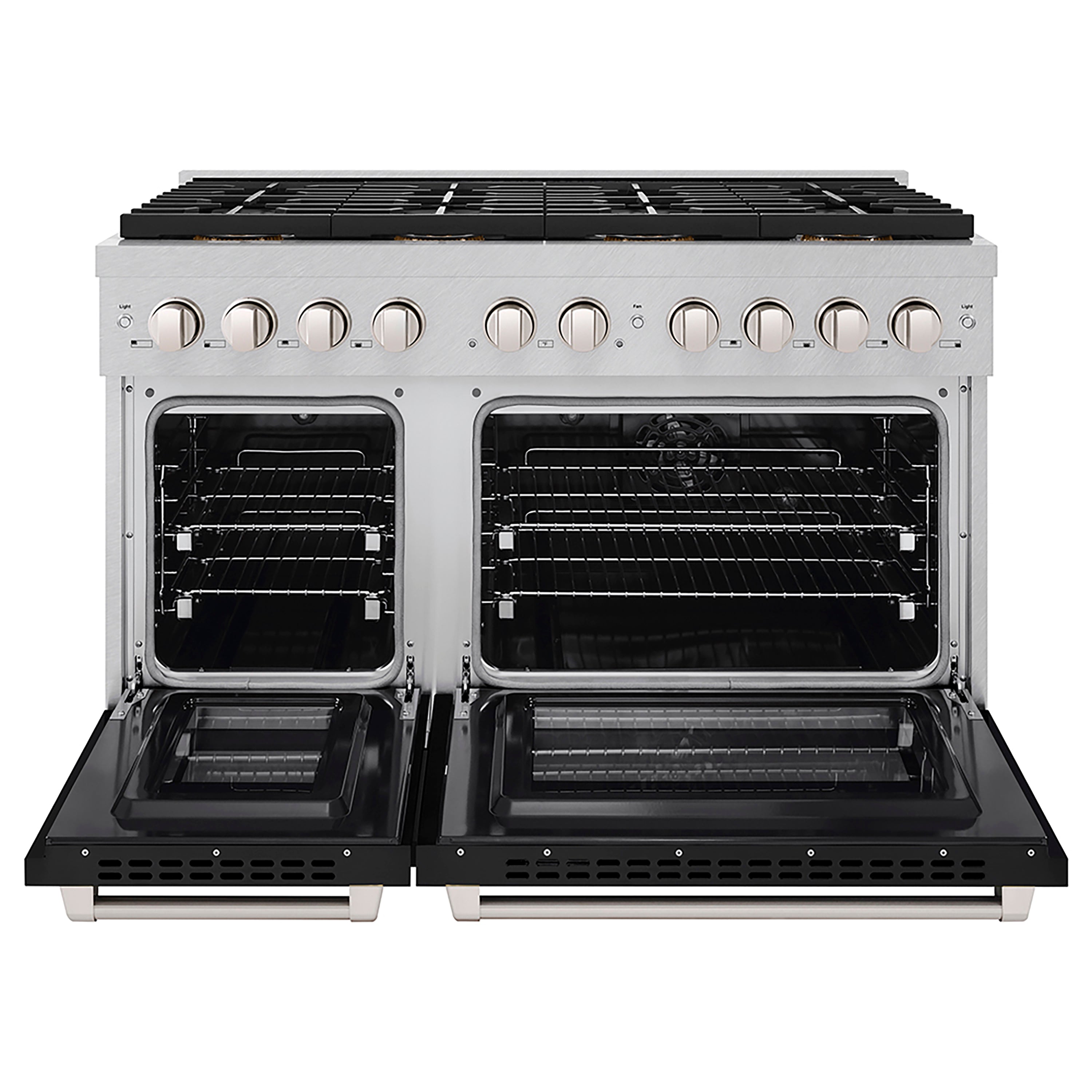 ZLINE 48 in. 6.7 cu. ft. Paramount Dual Fuel Range with 8 Burner DuoPro™ Cooktop and Dual Ovens in Satin Stainless Steel with Black Matte Doors (PSDRS-BLM-48)