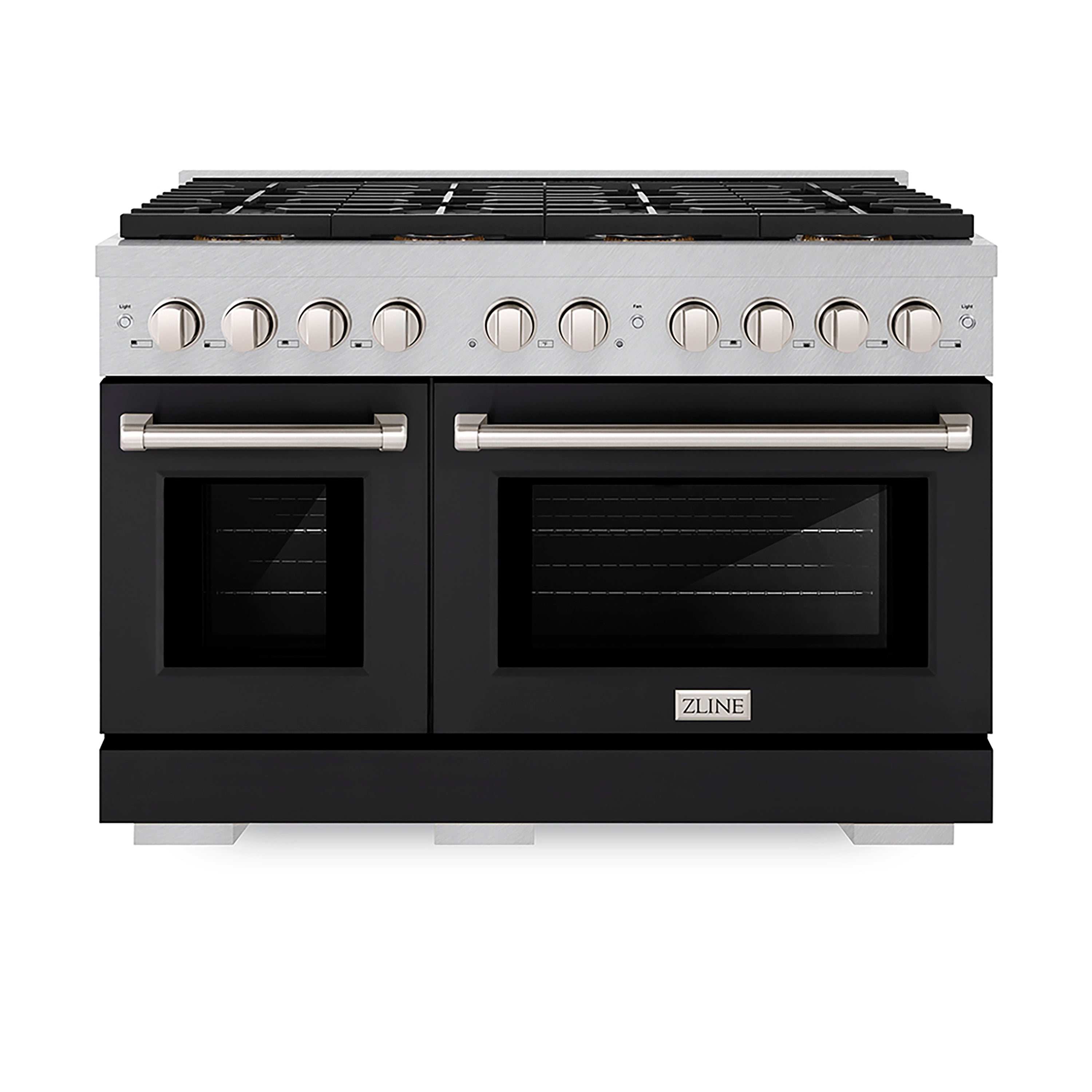ZLINE 48 in. 6.7 cu. ft. Paramount Dual Fuel Range with 8 Burner DuoPro™ Cooktop and Dual Ovens in Satin Stainless Steel with Black Matte Doors (PSDRS-BLM-48)
