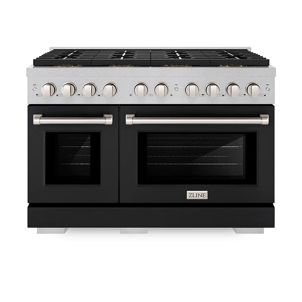 ZLINE 48 in. 6.7 cu. ft. Paramount Dual Fuel Range with 8 Burner DuoPro™ Cooktop and Dual Ovens in Satin Stainless Steel with Black Matte Doors (PSDRS-BLM-48)