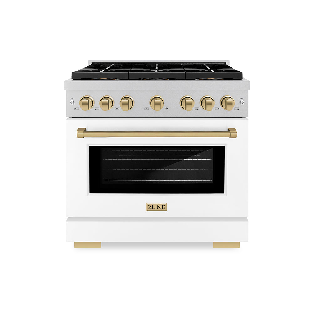 ZLINE Autograph Edition 36 in. 5.2 cu. ft. Paramount Dual Fuel Range with 6 Burner DuoPro™ Cooktop and Electric Convection Oven in Satin Stainless Steel with White Matte Door and Champagne Bronze Accents (PSDRSZ-WM-36-CB)