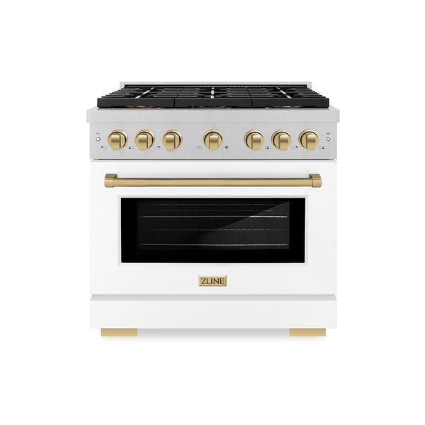 ZLINE Autograph Edition 36 in. 5.2 cu. ft. Paramount Dual Fuel Range with 6 Burner DuoPro™ Cooktop and Electric Convection Oven in Satin Stainless Steel with White Matte Door and Champagne Bronze Accents (PSDRSZ-WM-36-CB)