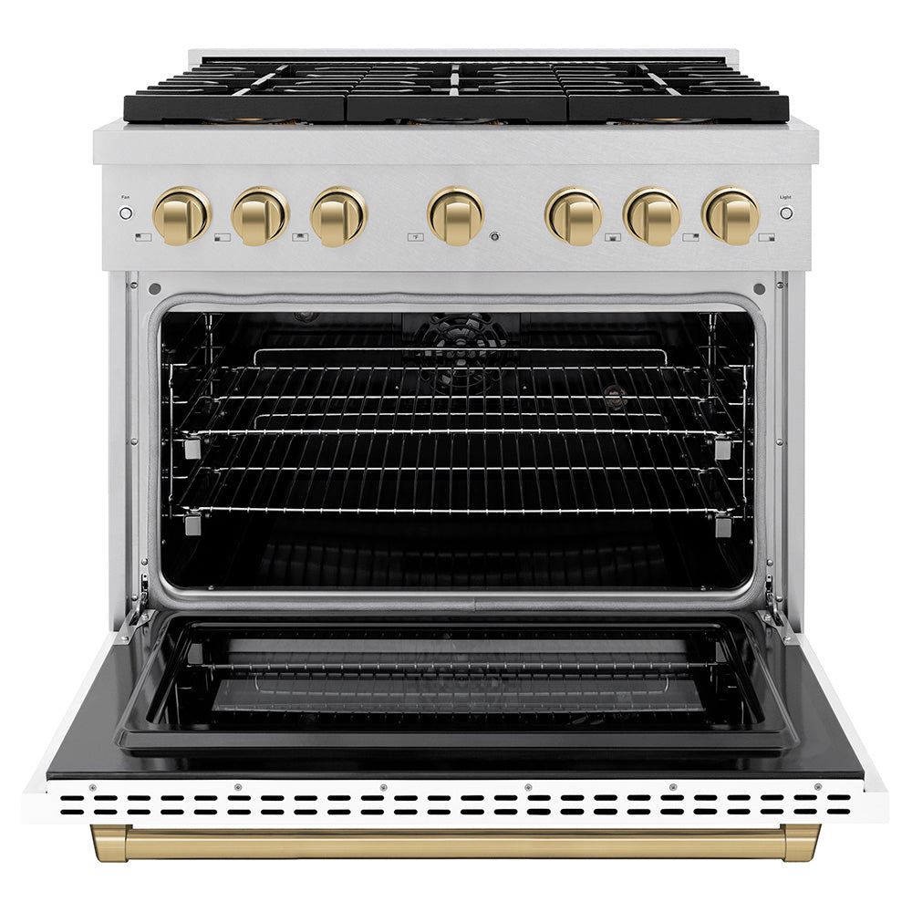 ZLINE Autograph Edition 36 in. 5.2 cu. ft. Paramount Dual Fuel Range with 6 Burner DuoPro™ Cooktop and Electric Convection Oven in Satin Stainless Steel with White Matte Door and Champagne Bronze Accents (PSDRSZ-WM-36-CB)