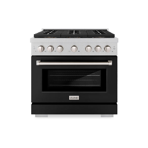 ZLINE 36 in. 5.2 cu. ft. Paramount Gas Range with 6 Burner DuoPro™ Cooktop and Convection Gas Oven in Satin Stainless Steel with Black Matte Door (PSGRS-BLM-36)
