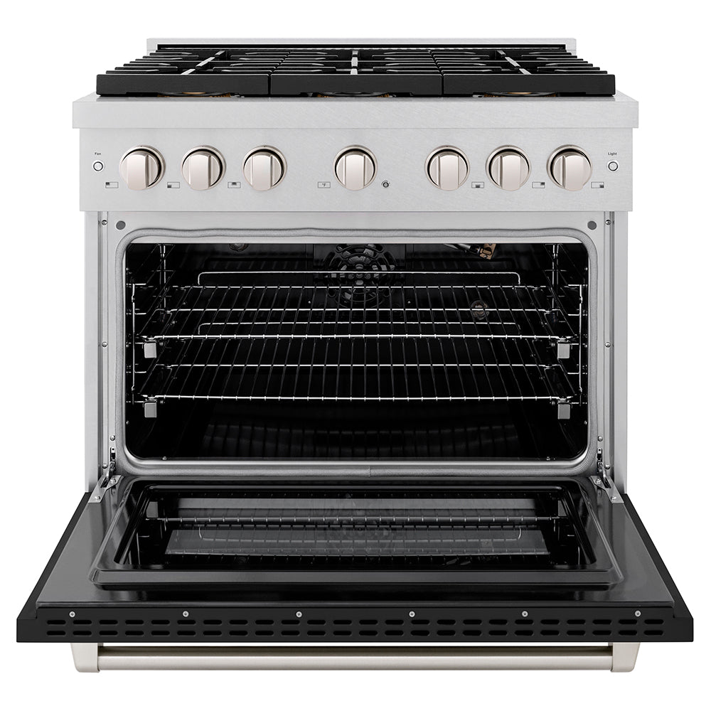 ZLINE 36 in. 5.2 cu. ft. Paramount Gas Range with 6 Burner DuoPro™ Cooktop and Convection Gas Oven in Satin Stainless Steel with Black Matte Door (PSGRS-BLM-36)