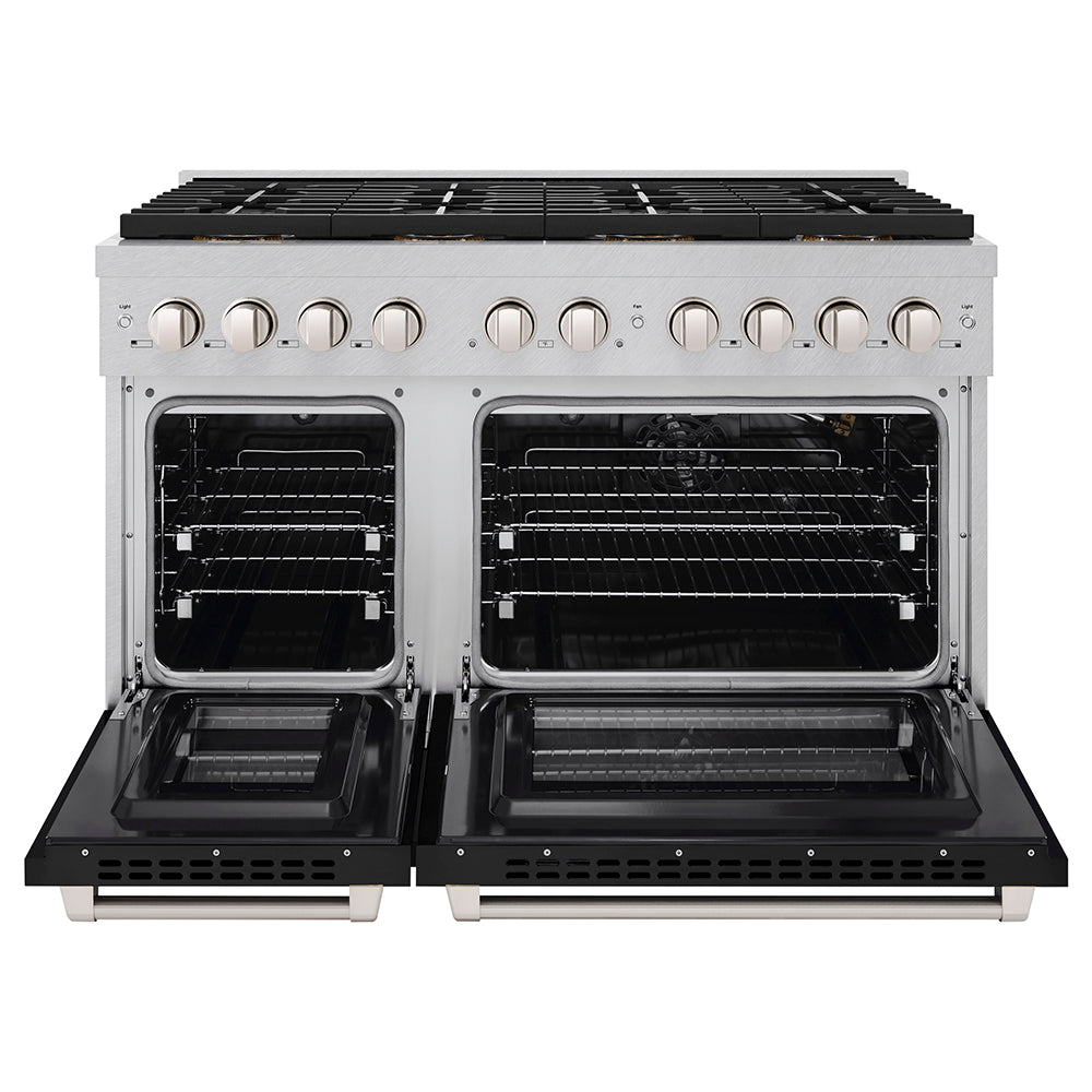 ZLINE 48 in. 6.7 cu. ft. Paramount Gas Range with 8 Burner DuoPro™ Cooktop and Dual Ovens in Satin Stainless Steel with Black Matte Doors (PSGRS-BLM-48)