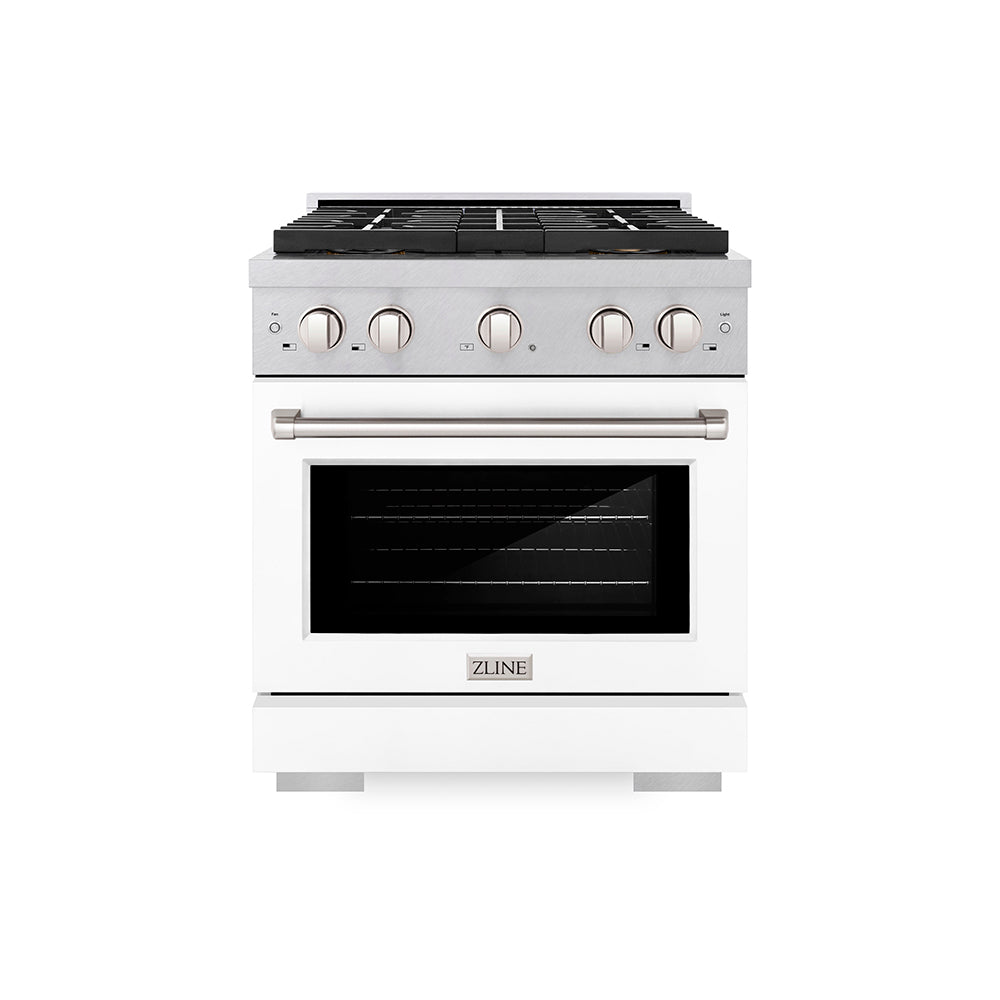 ZLINE 30 in. 4.2 cu. ft. Paramount Gas Range with 4 Burner DuoPro™ Cooktop and Convection Gas Oven in Satin Stainless Steel with White Matte Door (PSGRS-WM-30)