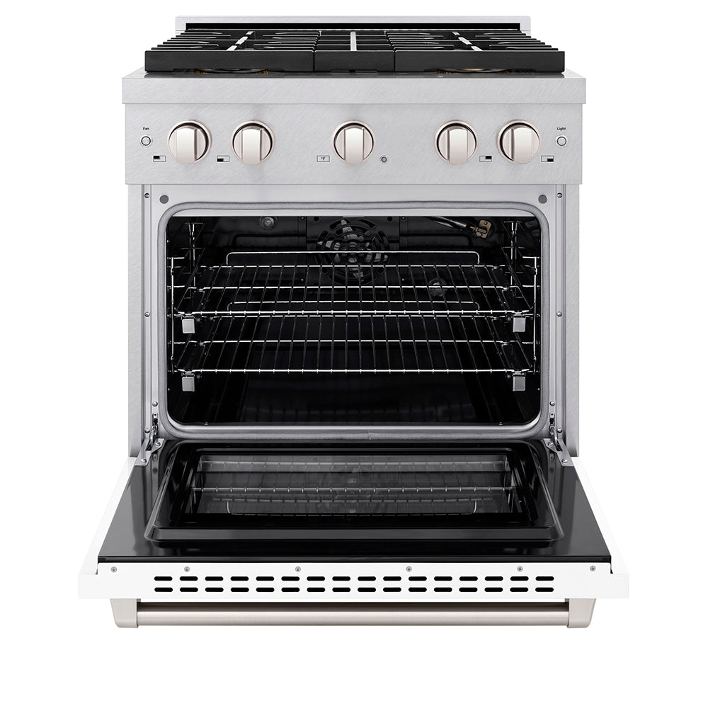 ZLINE 30 in. 4.2 cu. ft. Paramount Gas Range with 4 Burner DuoPro™ Cooktop and Convection Gas Oven in Satin Stainless Steel with White Matte Door (PSGRS-WM-30)