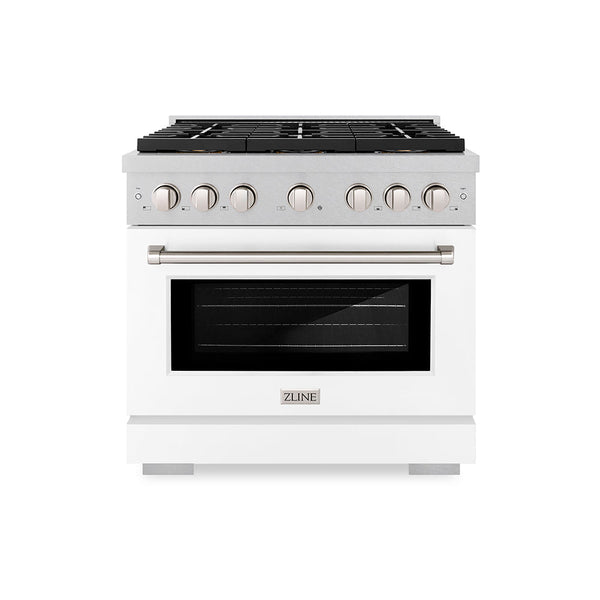 ZLINE 36 in. 5.2 cu. ft. Paramount Gas Range with 6 Burner DuoPro™ Cooktop and Convection Gas Oven in Satin Stainless Steel with White Matte Door (PSGRS-WM-36)