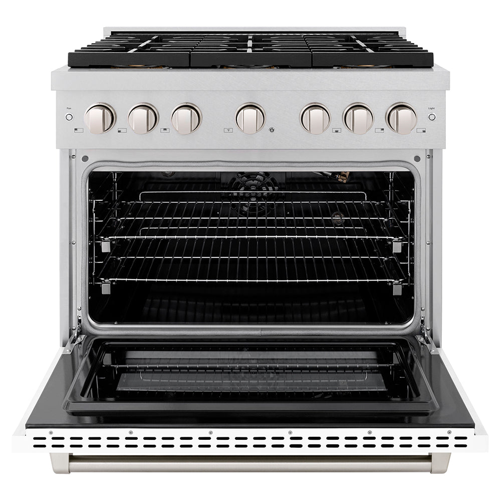 ZLINE 36 in. 5.2 cu. ft. Paramount Gas Range with 6 Burner DuoPro™ Cooktop and Convection Gas Oven in Satin Stainless Steel with White Matte Door (PSGRS-WM-36)
