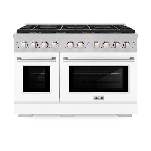 ZLINE 48 in. 6.7 cu. ft. Paramount Gas Range with 8 Burner DuoPro™ Cooktop and Dual Ovens in Satin Stainless Steel with White Matte Doors (PSGRS-WM-48)
