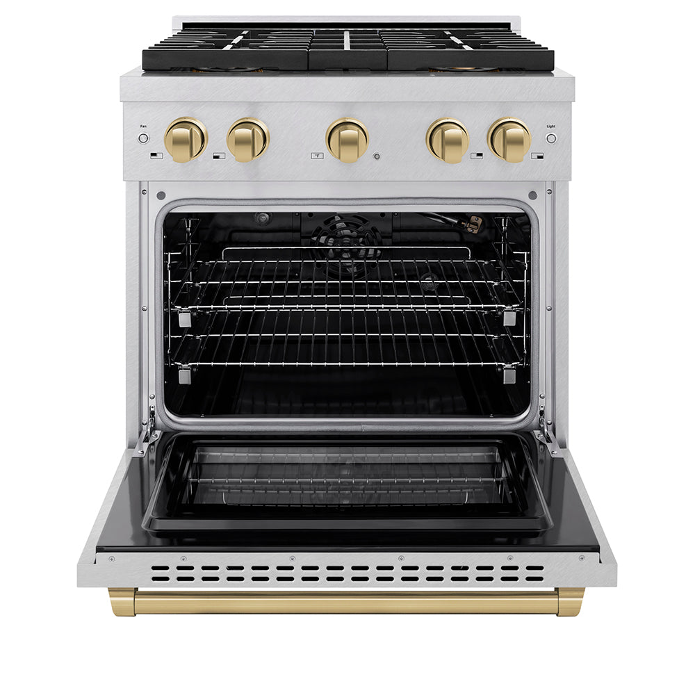 ZLINE Autograph Edition 30 in. 4.2 cu. ft. Paramount Gas Range with 4 Burner DuoPro™ Cooktop and Convection Gas Oven in Satin Stainless Steel and Champagne Bronze Accents (PSGRSZ-30-CB)