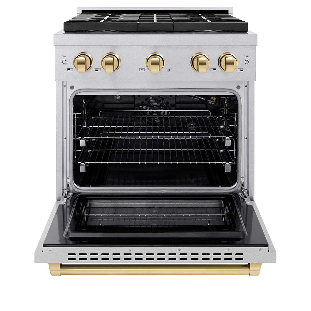 ZLINE Autograph Edition 30 in. 4.2 cu. ft. Paramount Gas Range with 4 Burner DuoPro™ Cooktop and Convection Gas Oven in Satin Stainless Steel and Polished Gold Accents (PSGRSZ-30-G)