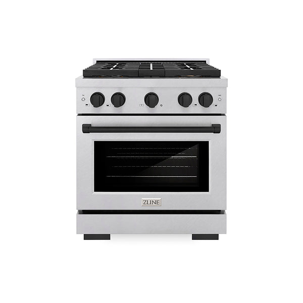 ZLINE Autograph Edition 30 in. 4.2 cu. ft. Paramount Gas Range with 4 Burner DuoPro™ Cooktop and Convection Gas Oven in Satin Stainless Steel and Matte Black Accents (PSGRSZ-30-MB)
