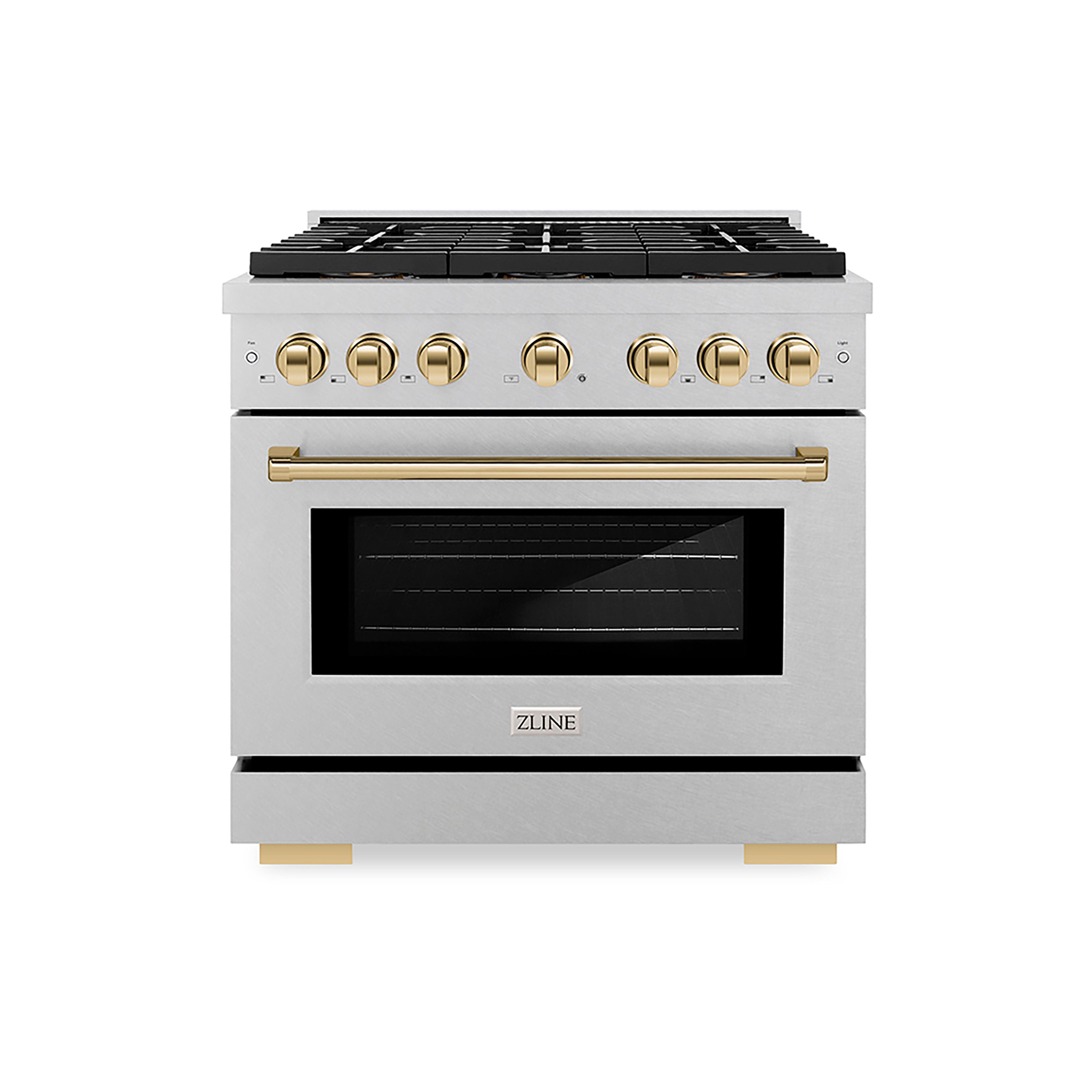ZLINE Autograph Edition 36 in. 5.2 cu. ft. Paramount Gas Range with 6 Burner DuoPro™ Cooktop and Convection Gas Oven in Satin Stainless Steel and Polished Gold Accents (PSGRSZ-36-G)
