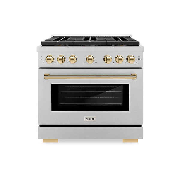 ZLINE Autograph Edition 36 in. 5.2 cu. ft. Paramount Gas Range with 6 Burner DuoPro™ Cooktop and Convection Gas Oven in Satin Stainless Steel and Polished Gold Accents (PSGRSZ-36-G)