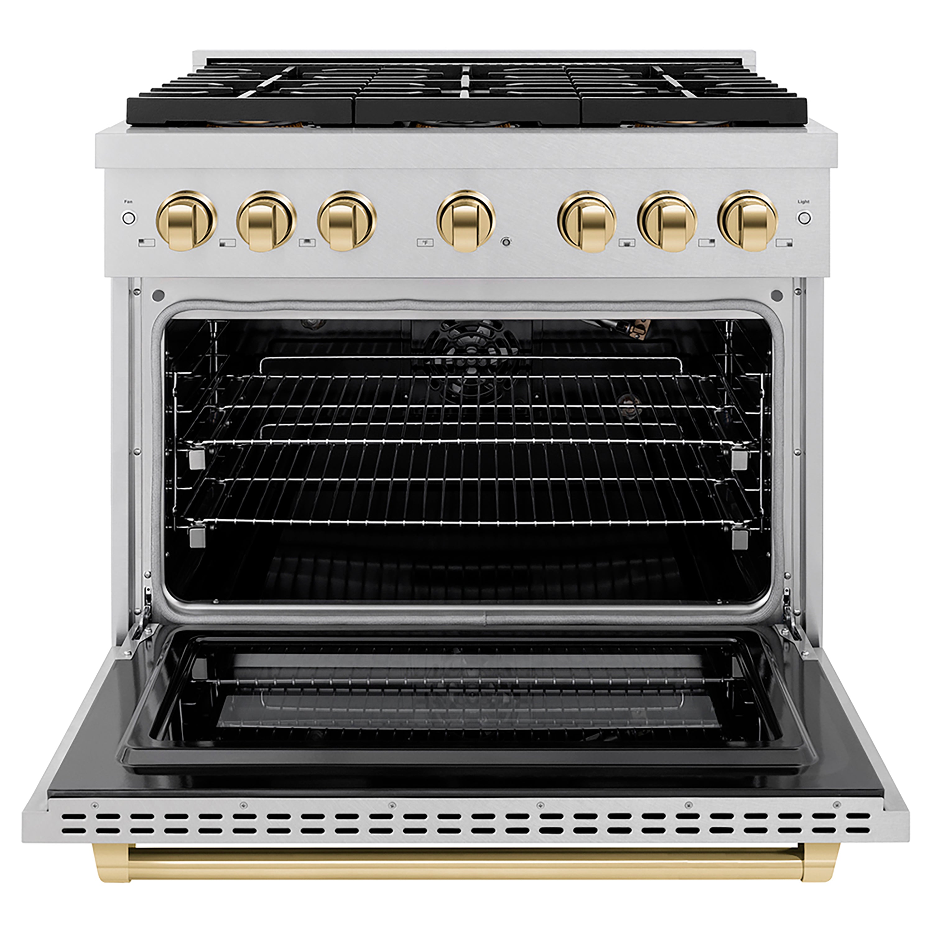 ZLINE Autograph Edition 36 in. 5.2 cu. ft. Paramount Gas Range with 6 Burner DuoPro™ Cooktop and Convection Gas Oven in Satin Stainless Steel and Polished Gold Accents (PSGRSZ-36-G)