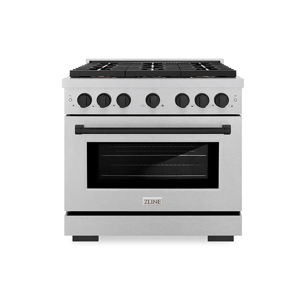 ZLINE Autograph Edition 36 in. 5.2 cu. ft. Paramount Gas Range with 6 Burner DuoPro™ Cooktop and Convection Gas Oven in Satin Stainless Steel and Matte Black Accents (PSGRSZ-36-MB)