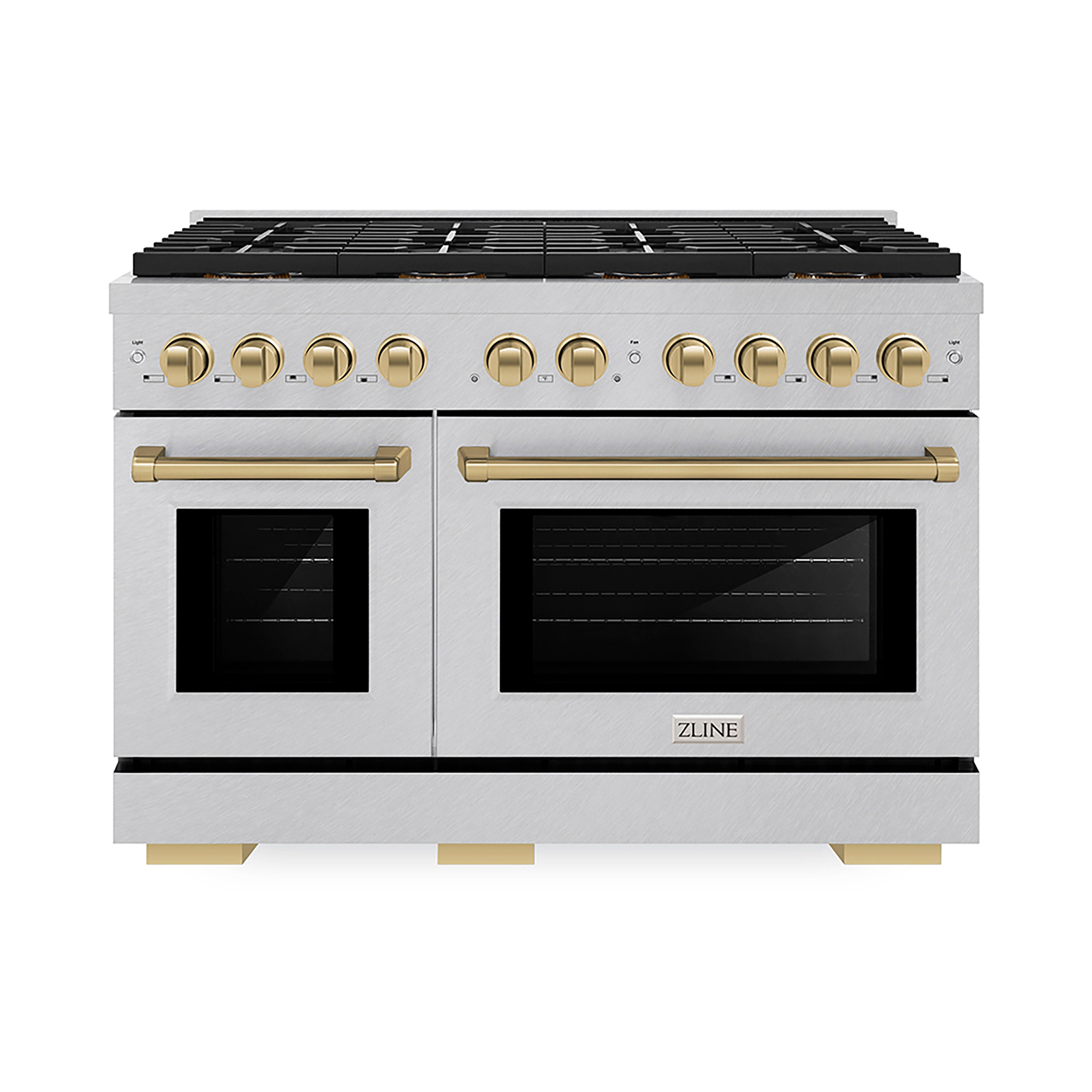 ZLINE Autograph Edition 48 in. 6.7 cu. ft. Paramount Gas Range with 8 Burner DuoPro™ Cooktop and Dual Ovens in Satin Stainless Steel and Champagne Bronze Accents (PSGRSZ-48-CB)