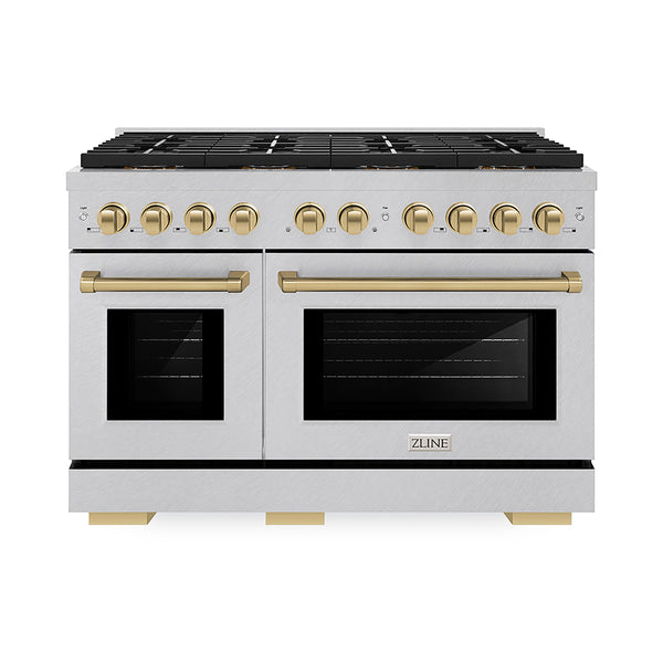 ZLINE Autograph Edition 48 in. 6.7 cu. ft. Paramount Gas Range with 8 Burner DuoPro™ Cooktop and Dual Ovens in Satin Stainless Steel and Champagne Bronze Accents (PSGRSZ-48-CB)
