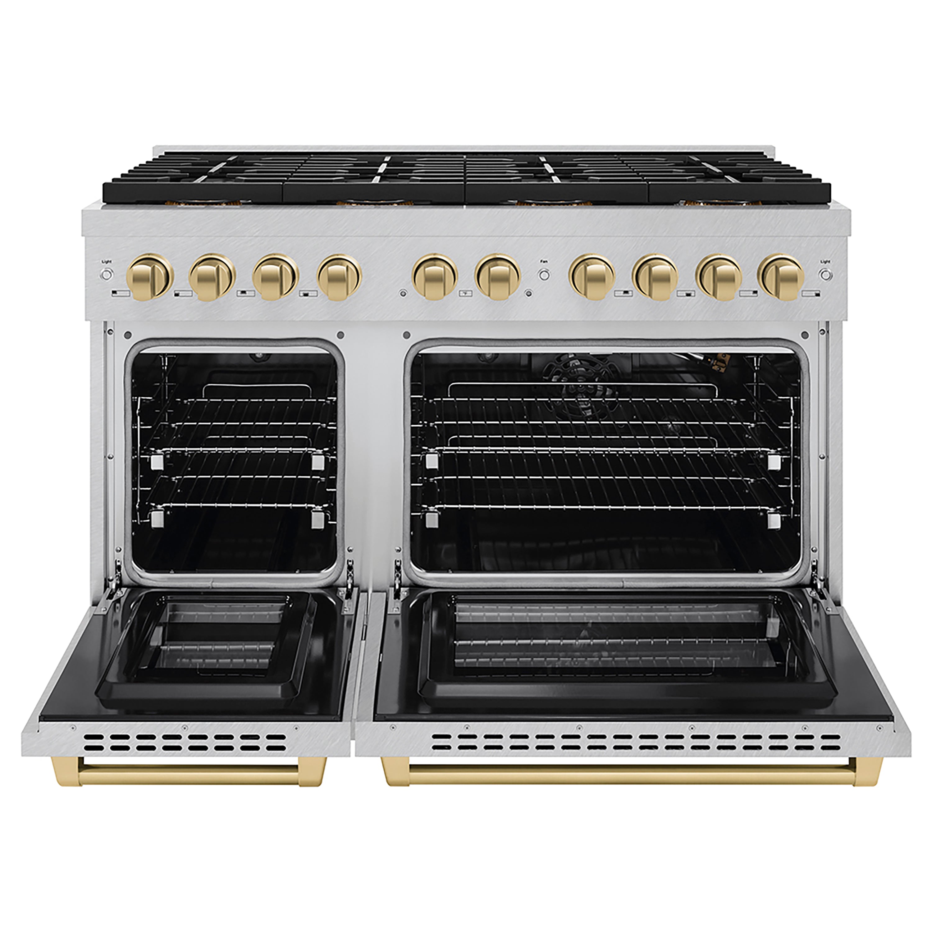 ZLINE Autograph Edition 48 in. 6.7 cu. ft. Paramount Gas Range with 8 Burner DuoPro™ Cooktop and Dual Ovens in Satin Stainless Steel and Champagne Bronze Accents (PSGRSZ-48-CB)