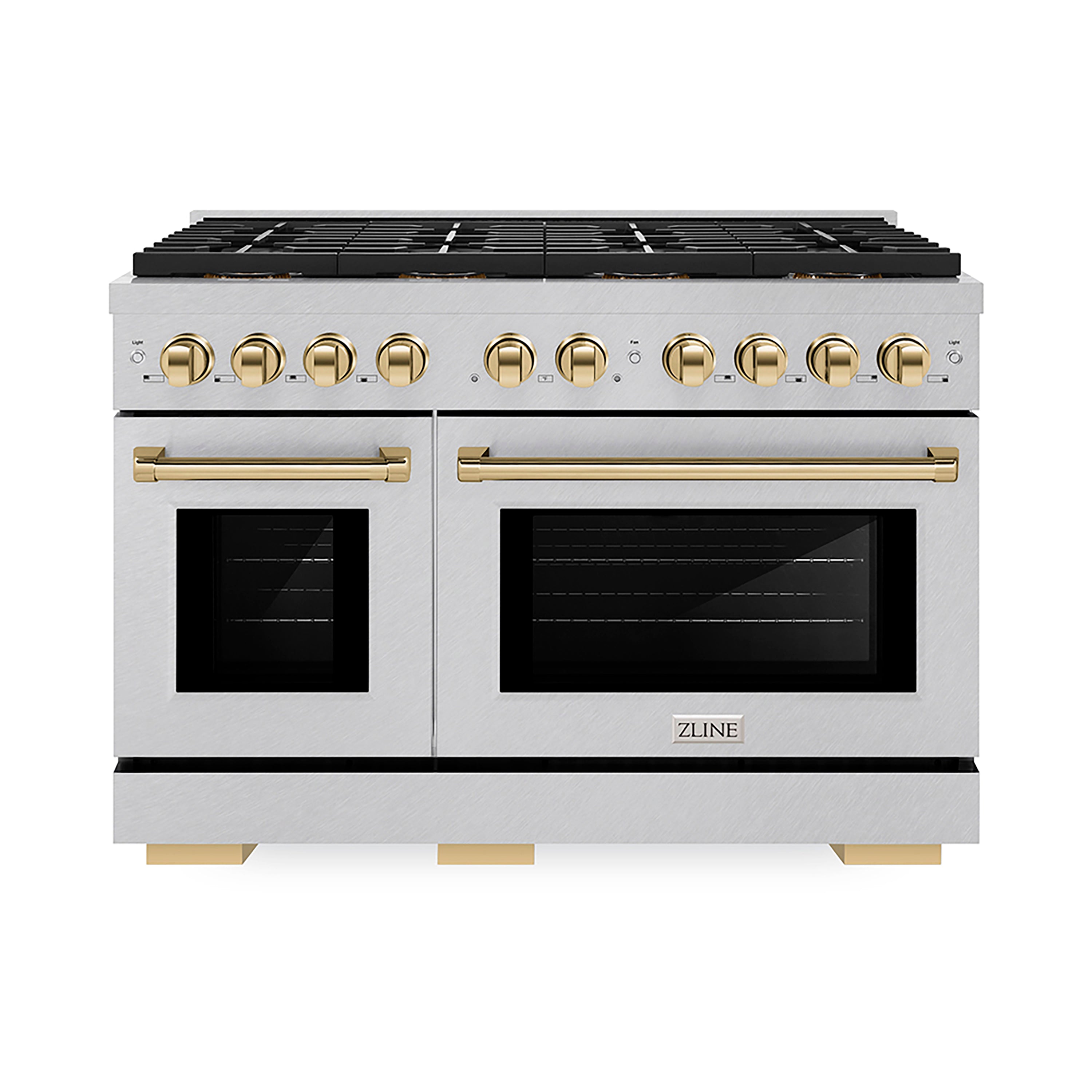 ZLINE Autograph Edition 48 in. 6.7 cu. ft. Paramount Gas Range with 8 Burner DuoPro™ Cooktop and Dual Ovens in Satin Stainless Steel and Polished Gold Accents (PSGRSZ-48-G)