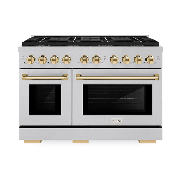 ZLINE Autograph Edition 48 in. 6.7 cu. ft. Paramount Gas Range with 8 Burner DuoPro™ Cooktop and Dual Ovens in Satin Stainless Steel and Polished Gold Accents (PSGRSZ-48-G)