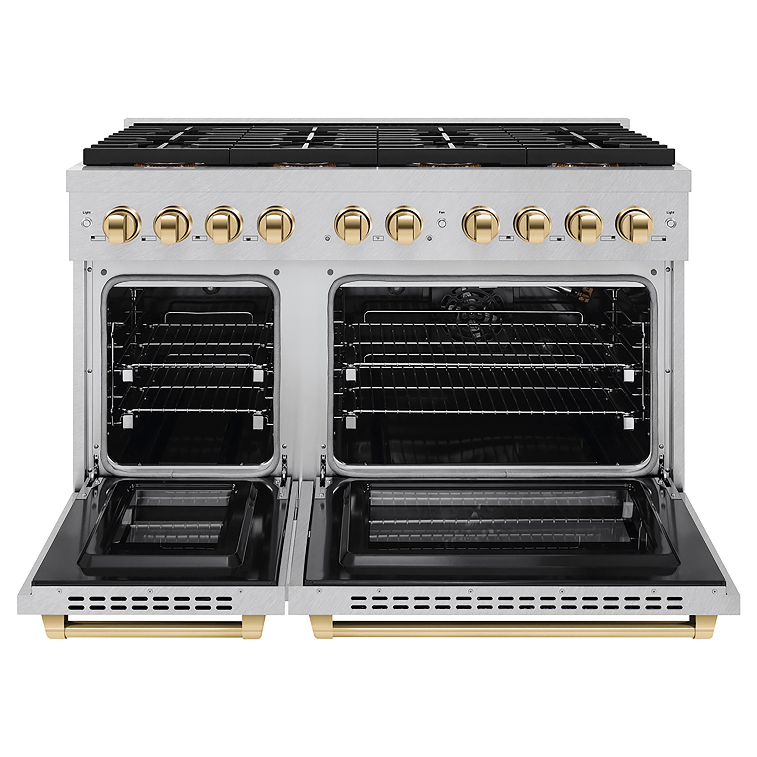 ZLINE Autograph Edition 48 in. 6.7 cu. ft. Paramount Gas Range with 8 Burner DuoPro™ Cooktop and Dual Ovens in Satin Stainless Steel and Polished Gold Accents (PSGRSZ-48-G)