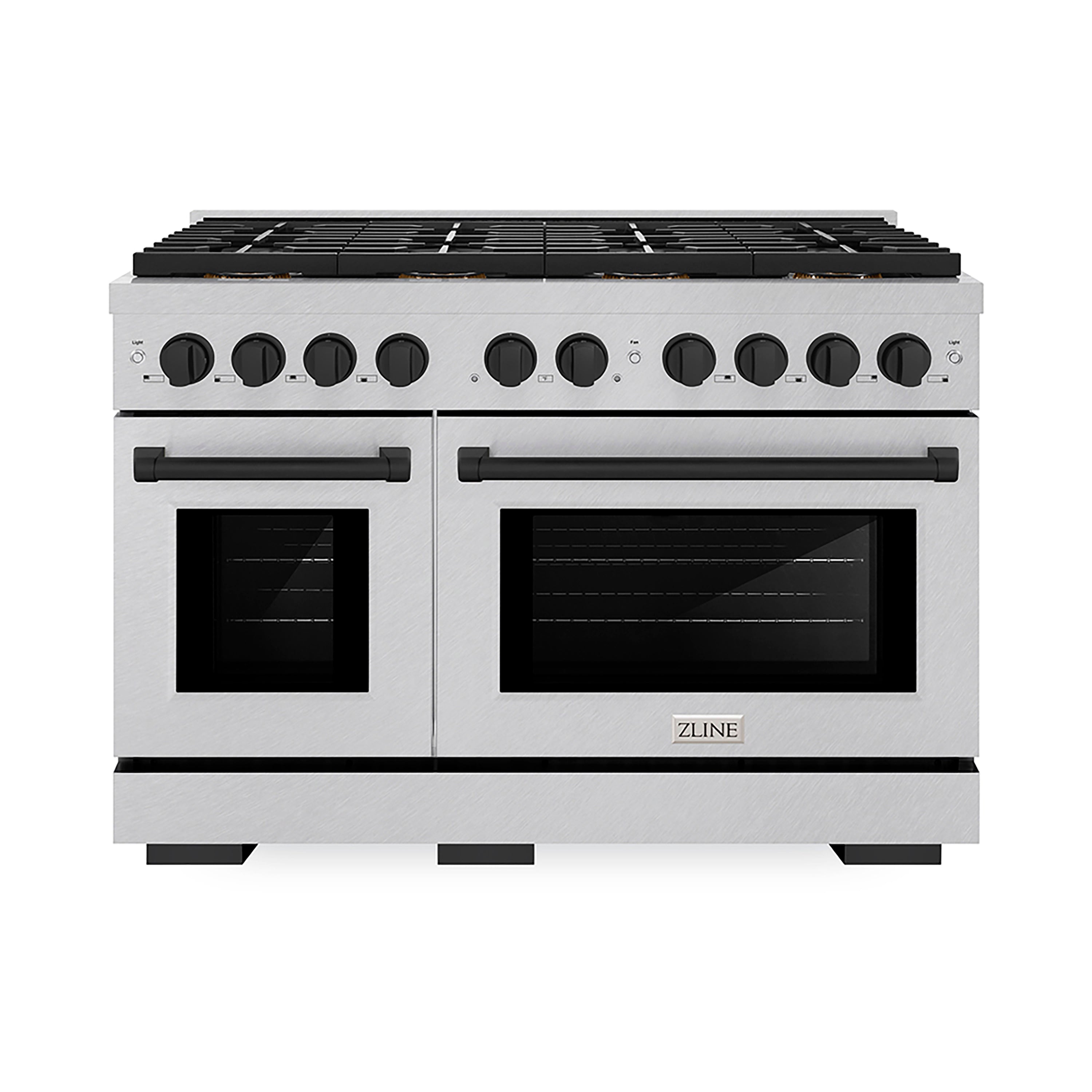ZLINE Autograph Edition 48 in. 6.7 cu. ft. Paramount Gas Range with 8 Burner DuoPro™ Cooktop and Dual Ovens in Satin Stainless Steel and Matte Black Accents (PSGRSZ-48-MB)