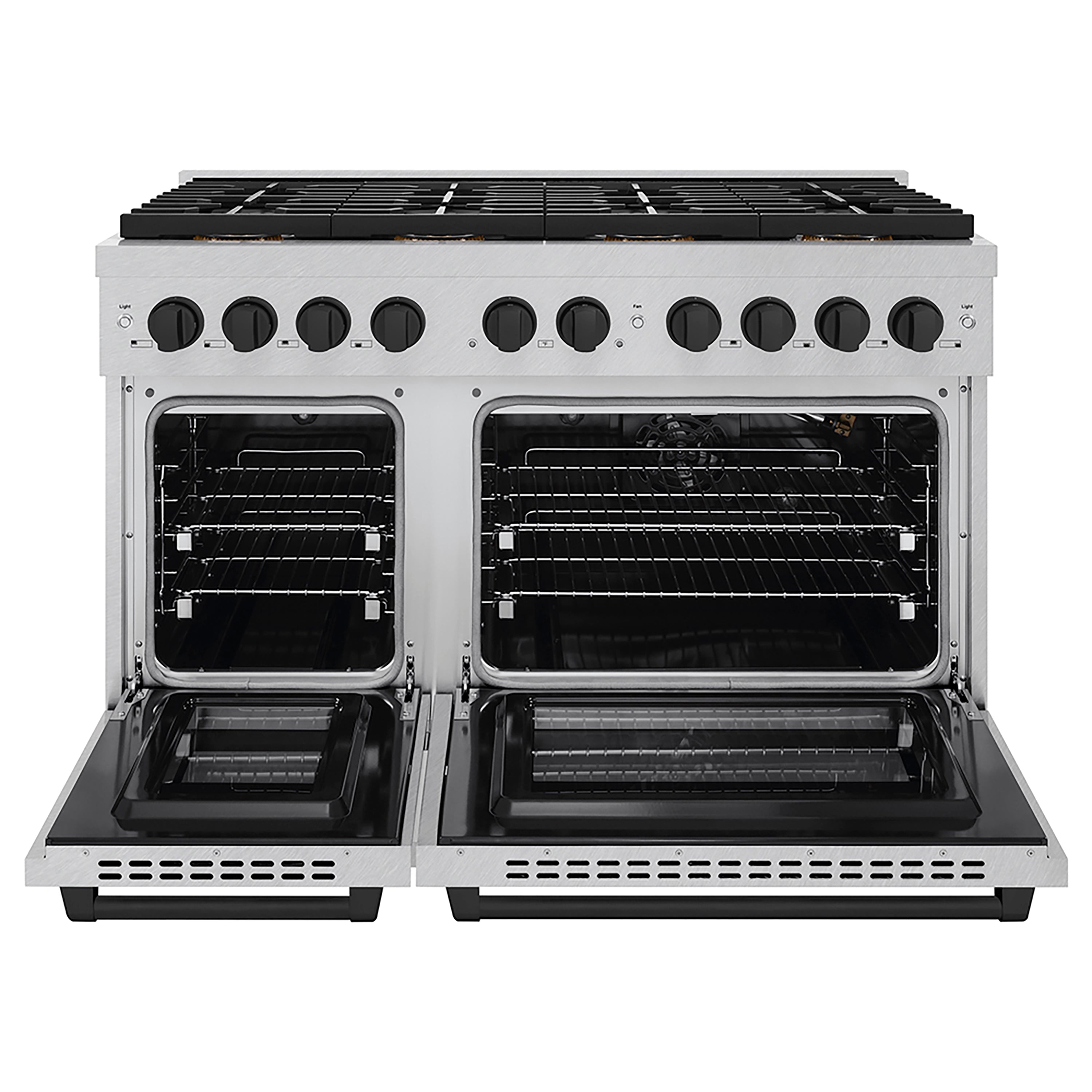 ZLINE Autograph Edition 48 in. 6.7 cu. ft. Paramount Gas Range with 8 Burner DuoPro™ Cooktop and Dual Ovens in Satin Stainless Steel and Matte Black Accents (PSGRSZ-48-MB)