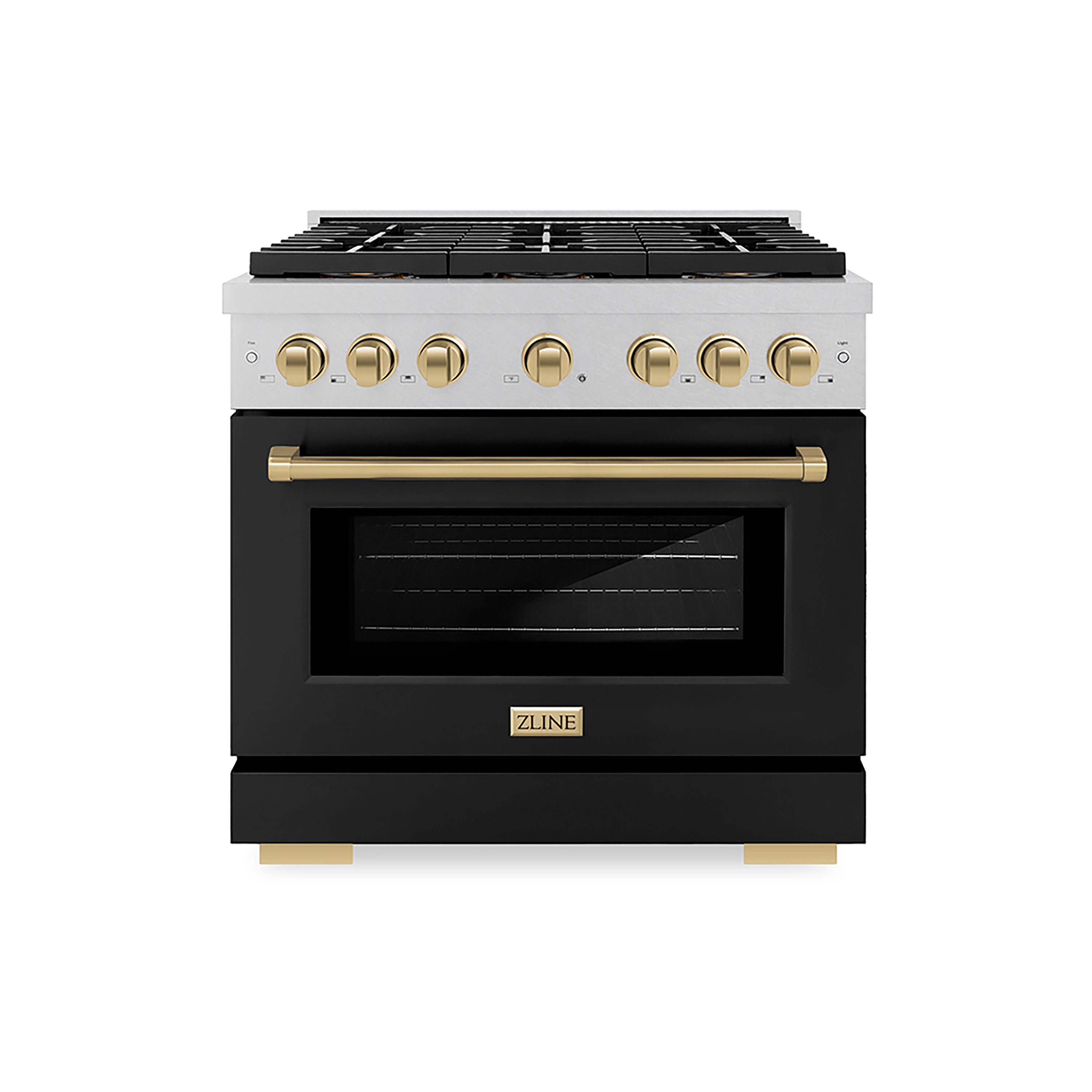 ZLINE Autograph Edition 36 in. 5.2 cu. ft. Paramount Gas Range with 6 Burner DuoPro™ Cooktop and Convection Gas Oven in Satin Stainless Steel with Black Matte Door and Champagne Bronze Accents (PSGRSZ-BLM36-CB)