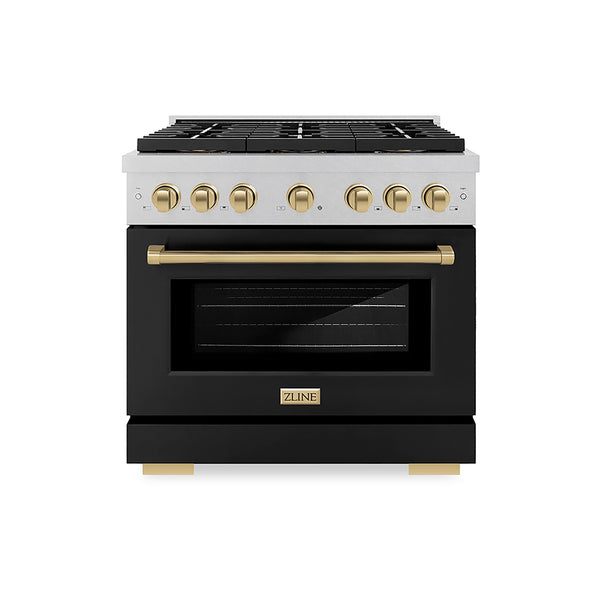 ZLINE Autograph Edition 36 in. 5.2 cu. ft. Paramount Gas Range with 6 Burner DuoPro™ Cooktop and Convection Gas Oven in Satin Stainless Steel and Champagne Bronze Accents (PSGRSZ-36-CB)