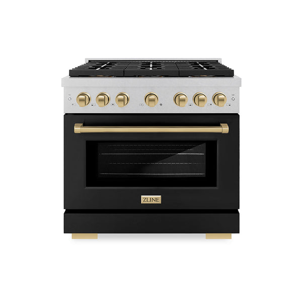 ZLINE Autograph Edition 36 in. 5.2 cu. ft. Paramount Dual Fuel Range with 6 Burner DuoPro™ Cooktop and Electric Convection Oven in Satin Stainless Steel with Black Matte Door and Champagne Bronze Accents (PSDRSZ-BLM36-CB)