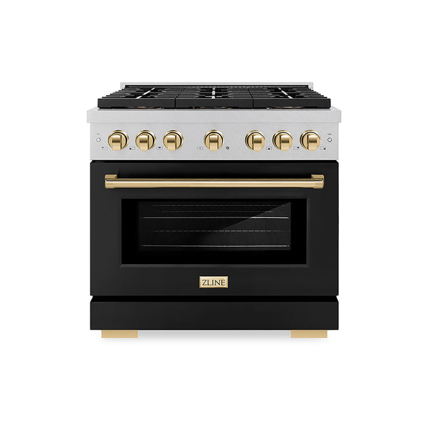 ZLINE Autograph Edition 36 in. 5.2 cu. ft. Paramount Gas Range with 6 Burner DuoPro™ Cooktop and Convection Gas Oven in Satin Stainless Steel with Black Matte Door and Polished Gold Accents (PSGRSZ-BLM36-G)