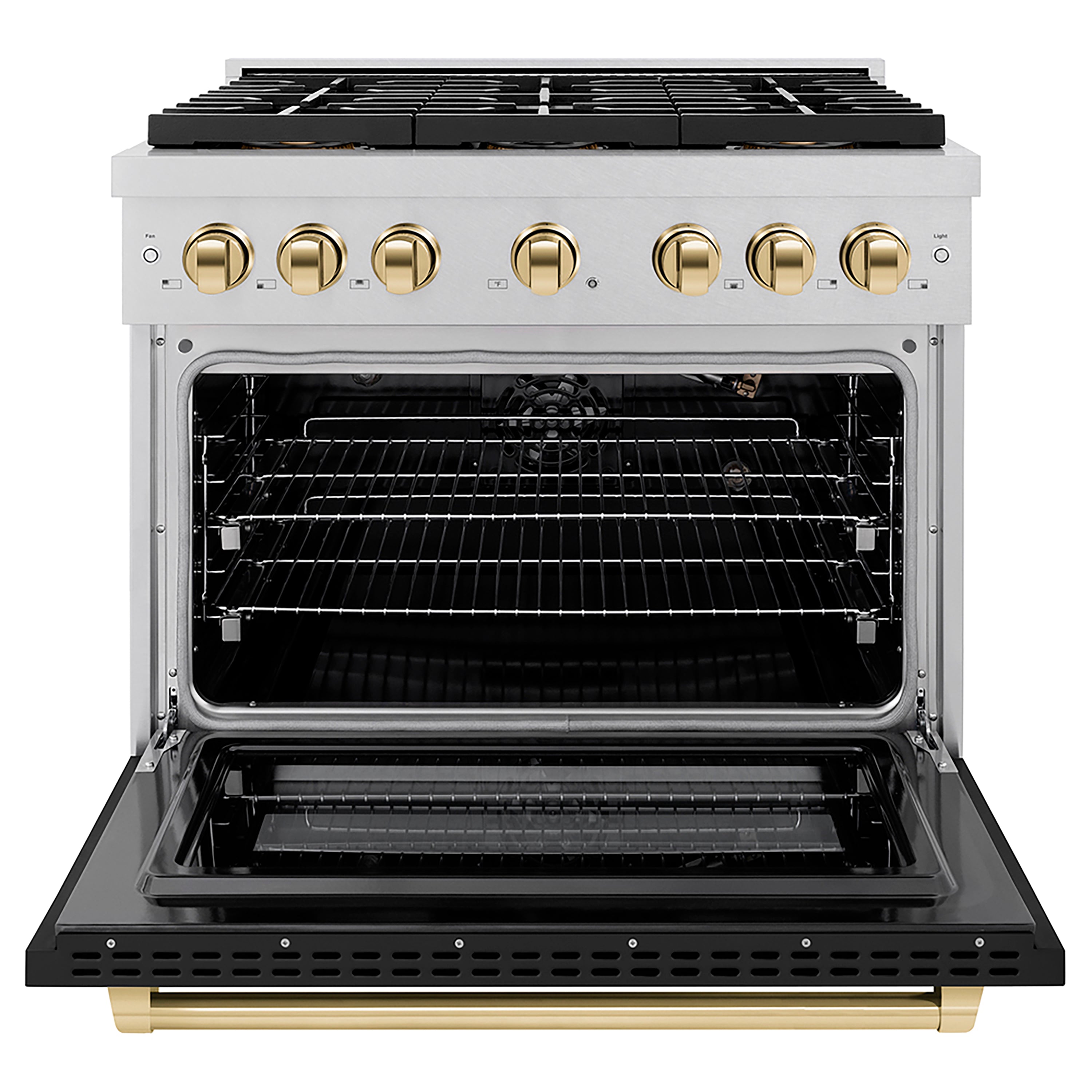 ZLINE Autograph Edition 36 in. 5.2 cu. ft. Paramount Gas Range with 6 Burner DuoPro™ Cooktop and Convection Gas Oven in Satin Stainless Steel with Black Matte Door and Polished Gold Accents (PSGRSZ-BLM36-G)