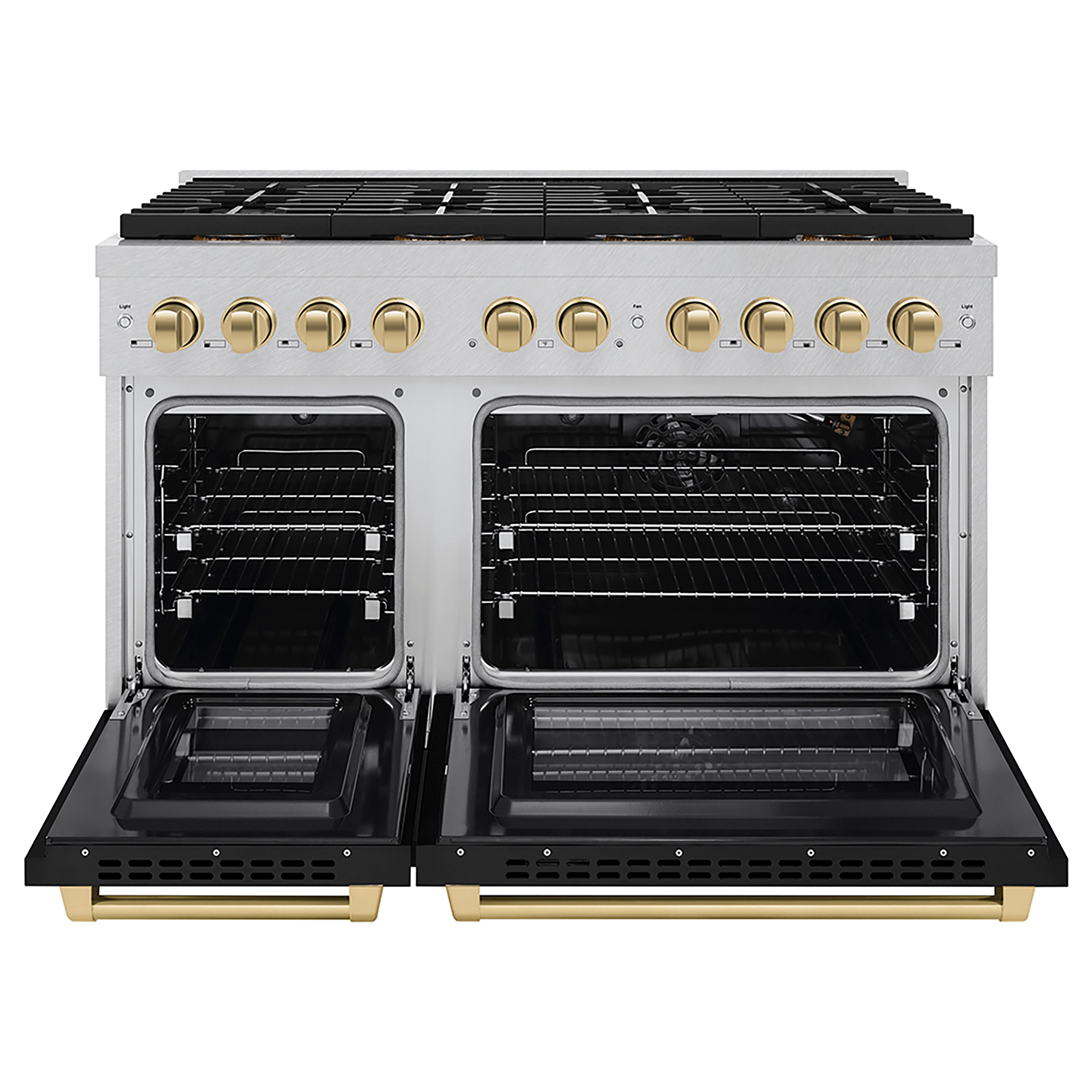 ZLINE Autograph Edition 48 in. 6.7 cu. ft. Paramount Gas Range with 8 Burner DuoPro™ Cooktop and Dual Ovens in Satin Stainless Steel with Black Matte Doors and Champagne Bronze Accents (PSGRSZ-BLM48-CB)