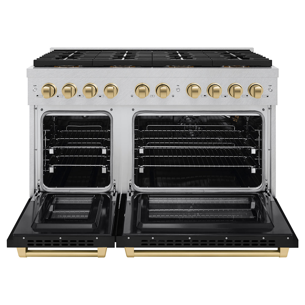 ZLINE Autograph Edition 48 in. 6.7 cu. ft. Paramount Dual Fuel Range with 8 Burner DuoPro™ Cooktop and Dual Ovens in Satin Stainless Steel with Black Matte Doors and Champagne Bronze Accents (PSDRSZ-BLM48-CB)