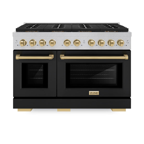 ZLINE Autograph Edition 48 in. 6.7 cu. ft. Paramount Dual Fuel Range with 8 Burner DuoPro™ Cooktop and Dual Ovens in Satin Stainless Steel with Black Matte Doors and Champagne Bronze Accents (PSDRSZ-BLM48-CB)