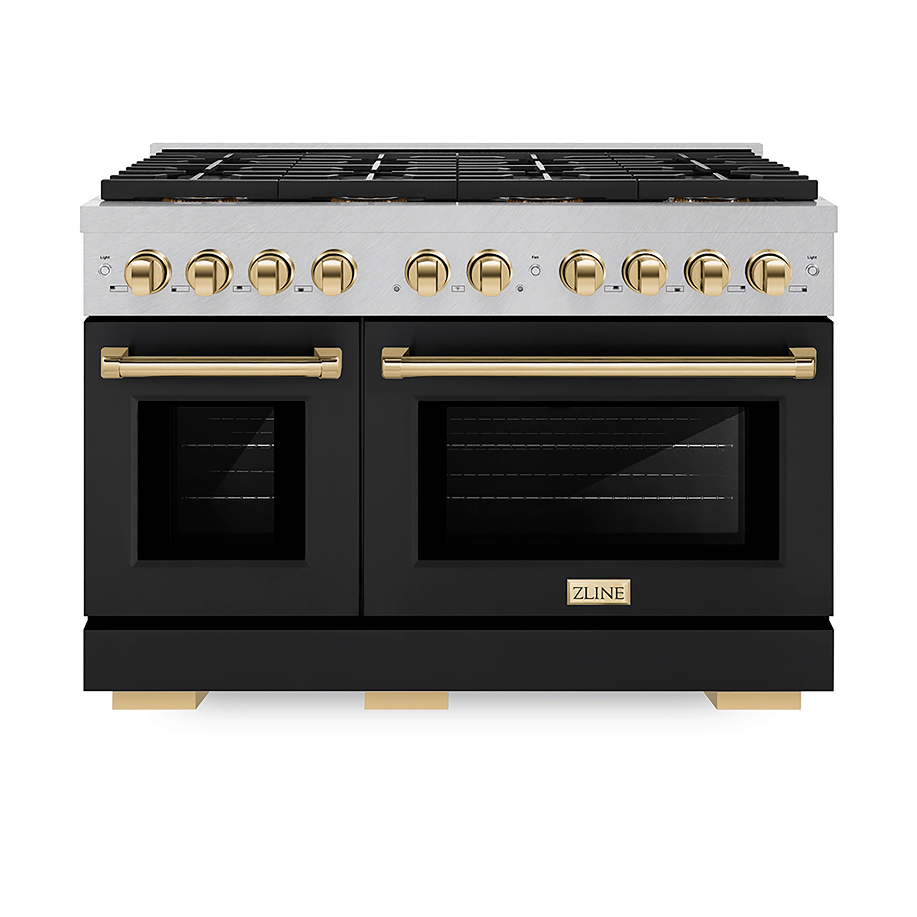 ZLINE Autograph Edition 48 in. 6.7 cu. ft. Paramount Gas Range with 8 Burner DuoPro™ Cooktop and Dual Ovens in Satin Stainless Steel with Black Matte Doors and Polished Gold Accents (PSGRSZ-BLM48-G)